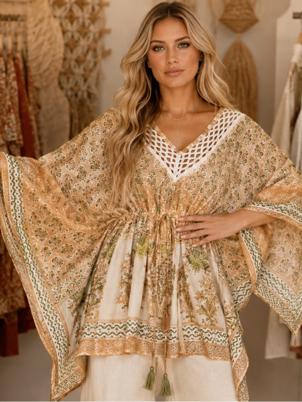 POL Boho Floral Kaftan Poncho Top – With Tassels Size Large – New With Tags